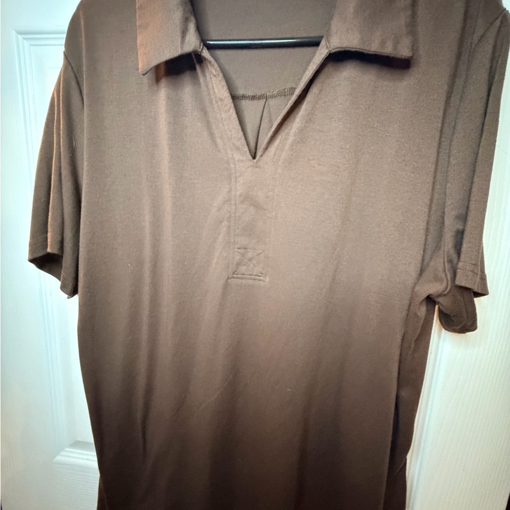 Women’s Chocolate Brown Collared V Neck Soft XXL Shirt - Picture 2 of 4